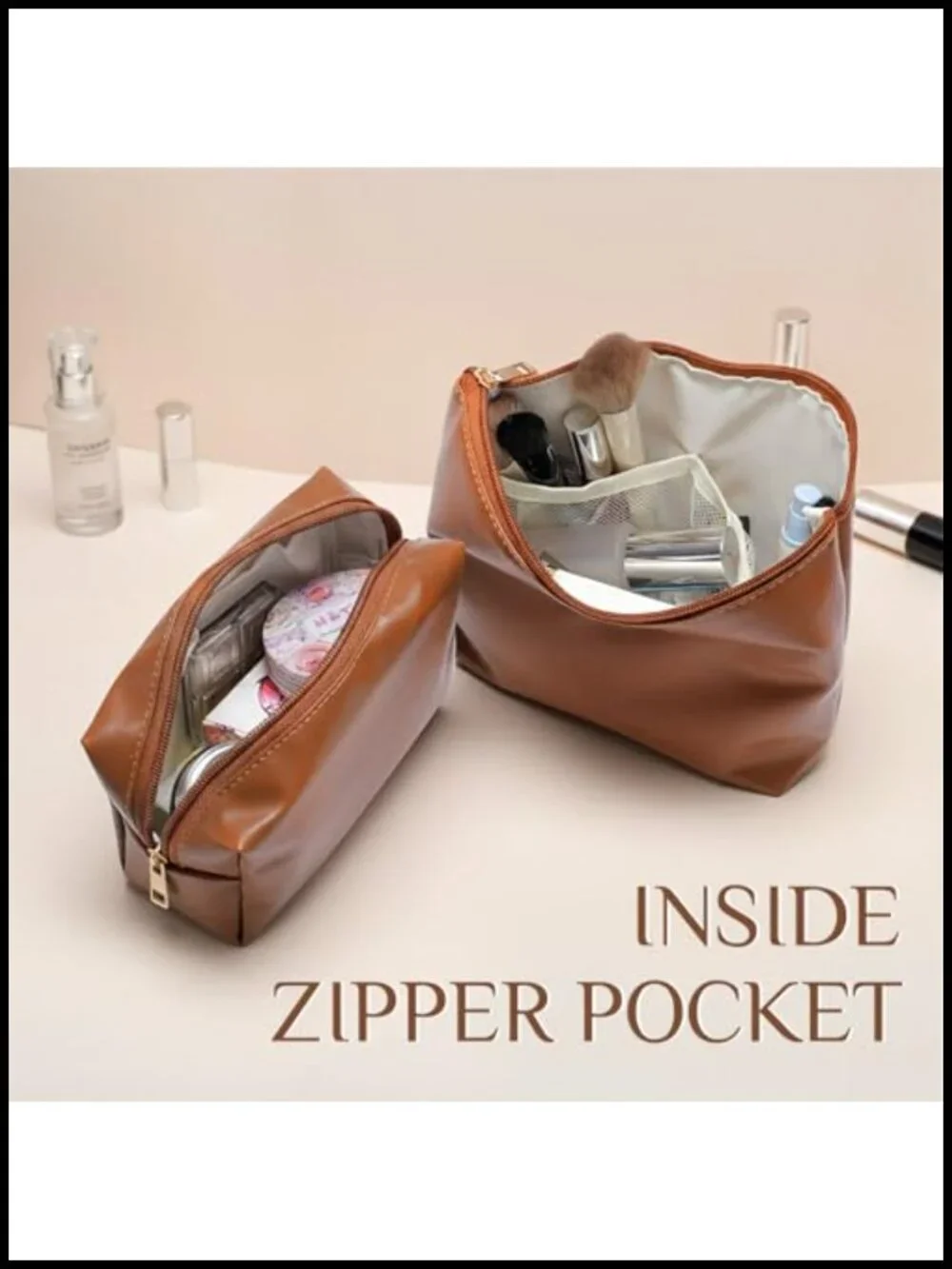 2 Pcs PU Leather Makeup Bag Set Waterproof Travel Toiletry Organizer